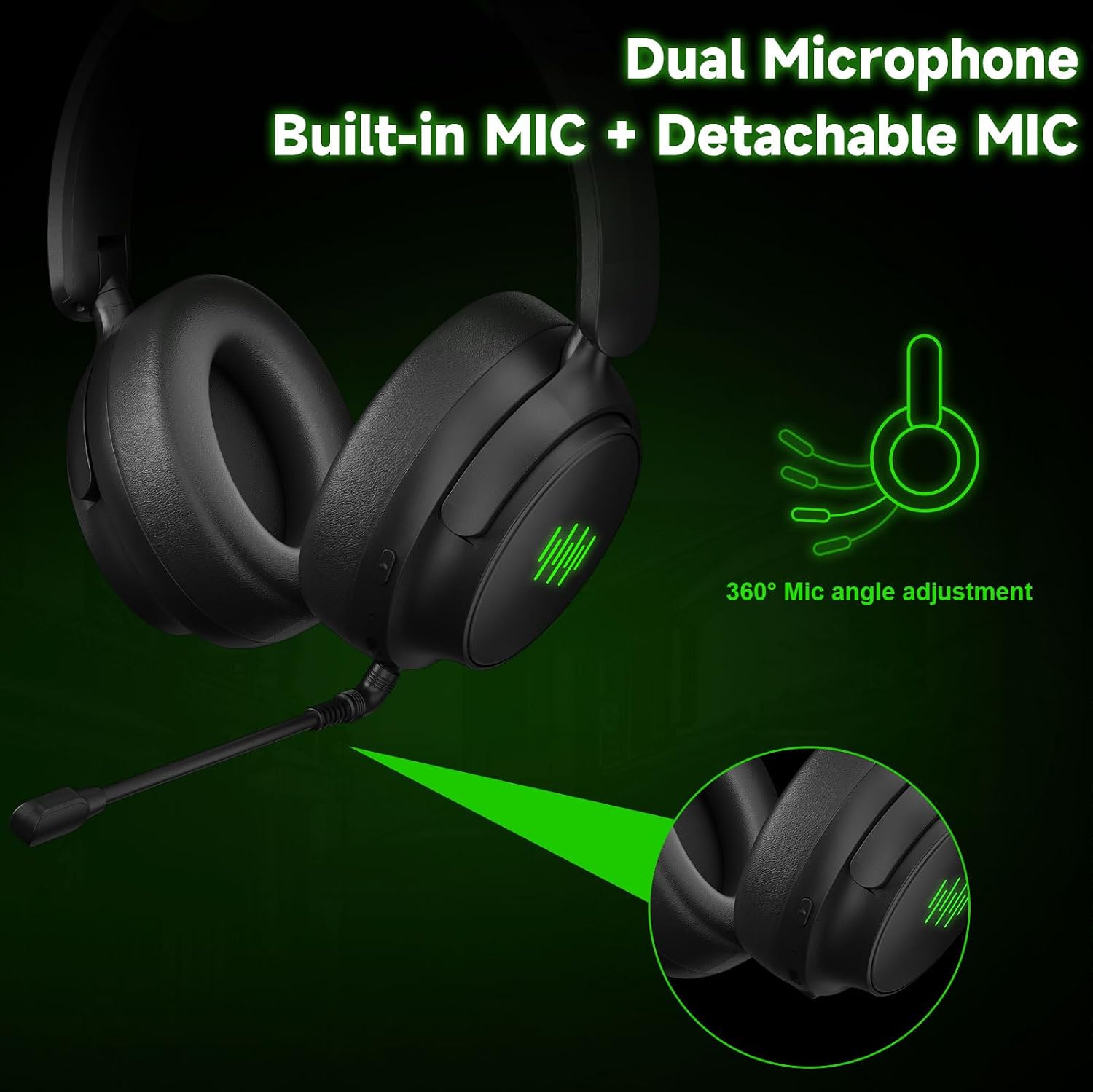 Detalle de Drahtloses Gaming-Headset für Xbox, PS5, Nintendo Switch und PC – Spiel-/Chat-Audiobalanzregelung, Mikrofonstummung, Bluetooth, 3D-Raumklang