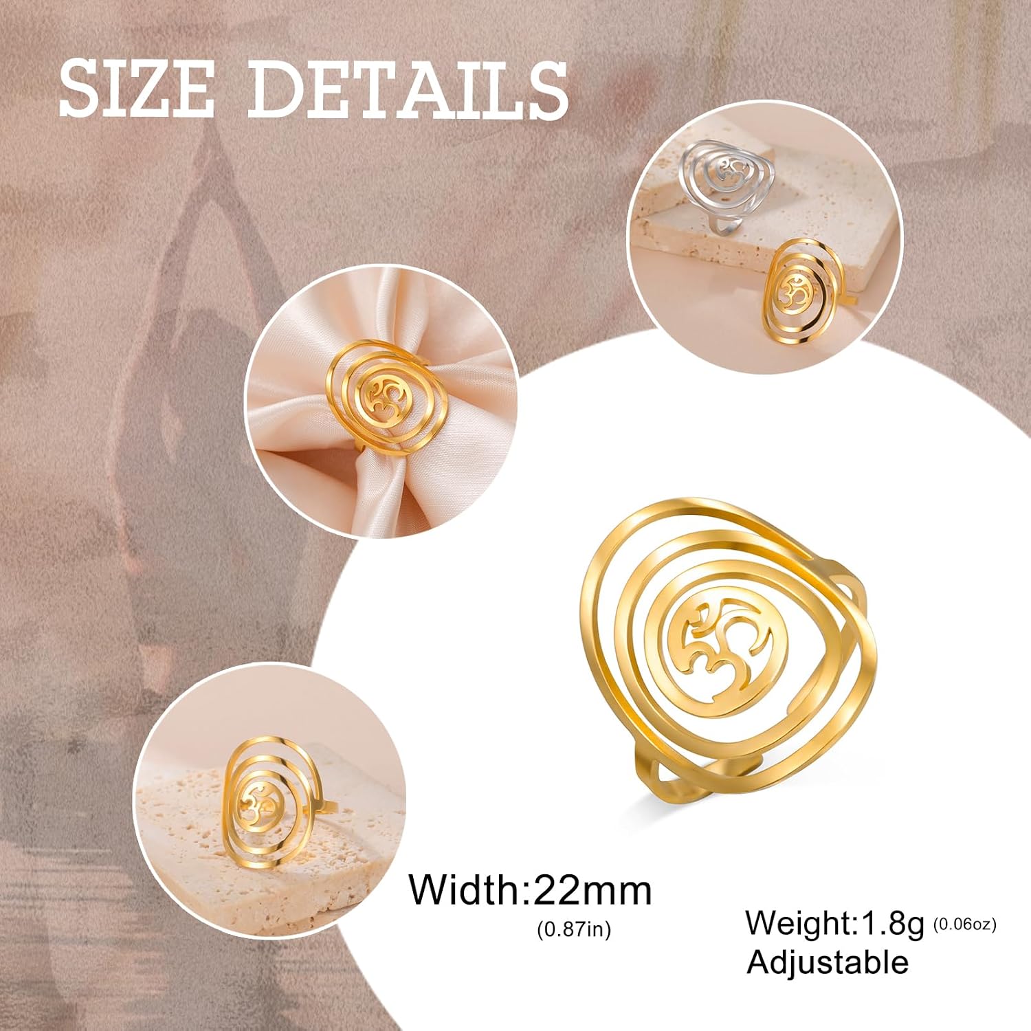 Detalle de Dreamtimes Aom Om Ohm Ring aus Edelstahl mit geometrischem Kreis – verstellbarer Unisex Siegelring