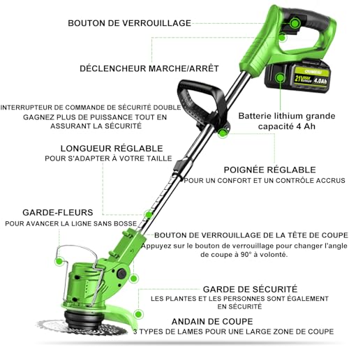 Detalle 1 de Oumeiu débroussailleuse sans fil 21 V, 2 batteries 4,0 Ah et tête orientable