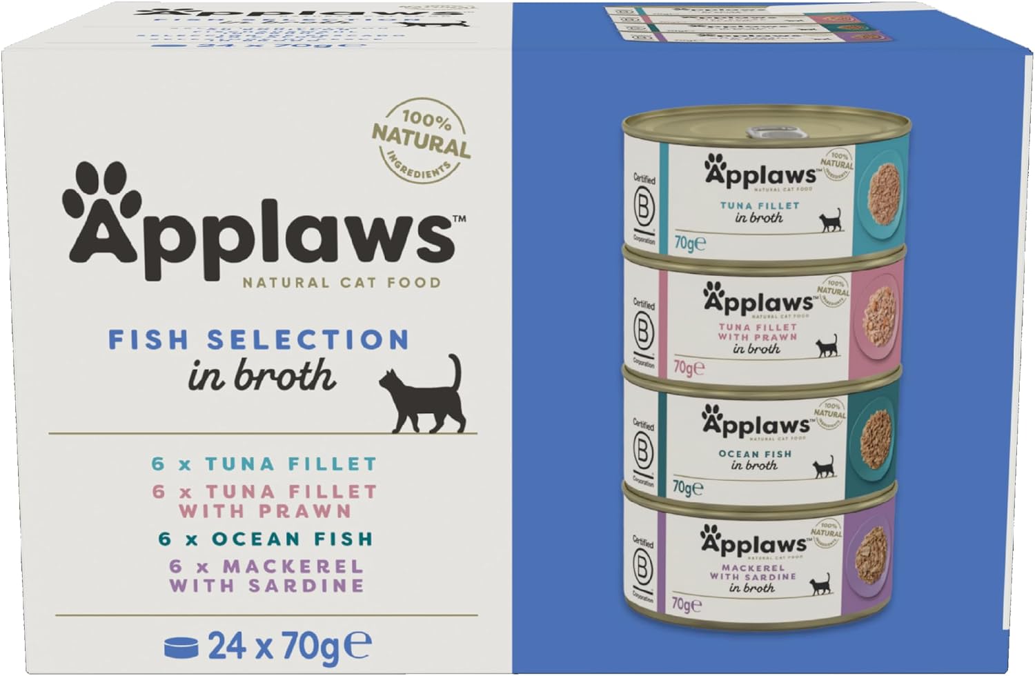 Applaws 100% Natural Wet Cat Food – Fish Selection in Broth, 70g Tin (24 Pack)