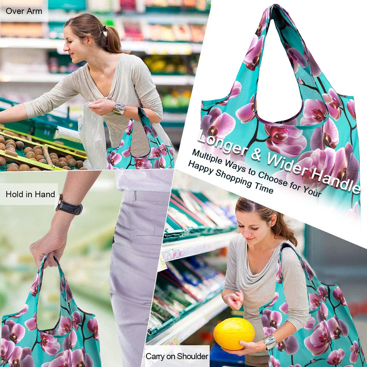 Thumbnail 1 de BeeGreen 10 Pack Washable Floral Grocery Bags – Extra Large 50 LBS Reusable Tote