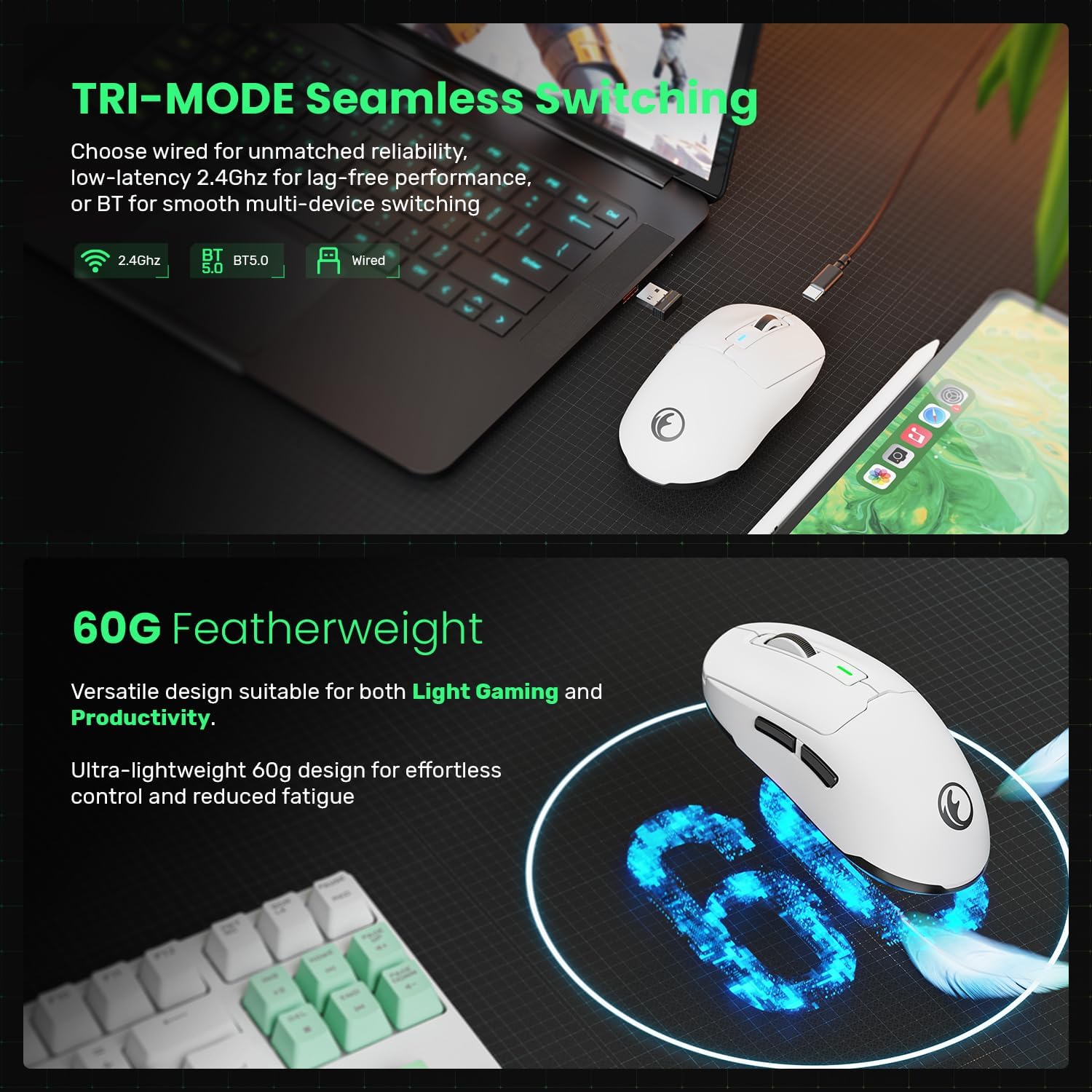 Detalle de IFYOO G59 Tri-Mode 2.4G/BT/Wired Gaming Mouse with Type-C charging, up to 8000 DPI