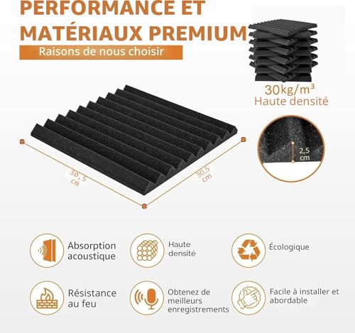 Detalle de Lot de 48 panneaux acoustiques Saiqiang 30 x 30 x 2,5 cm — mousse acoustique haute densité