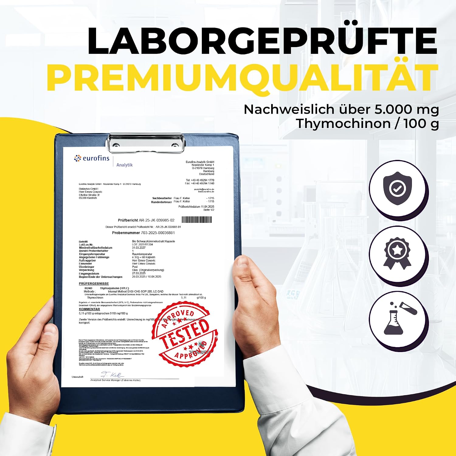 Detalle de Premium BIO Schwarzkümmelöl Kapseln (Nigella sativa) – 5.000 mg Thymochinon, 60 vegane Kapseln im lichtgeschützten Violettglas
