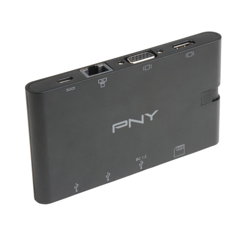 Detalle de PNY A-2UF-2TC-K01-RB Mini Dock: base USB‑C multifunción con HDMI, VGA, RJ-45 y carga PD 100W