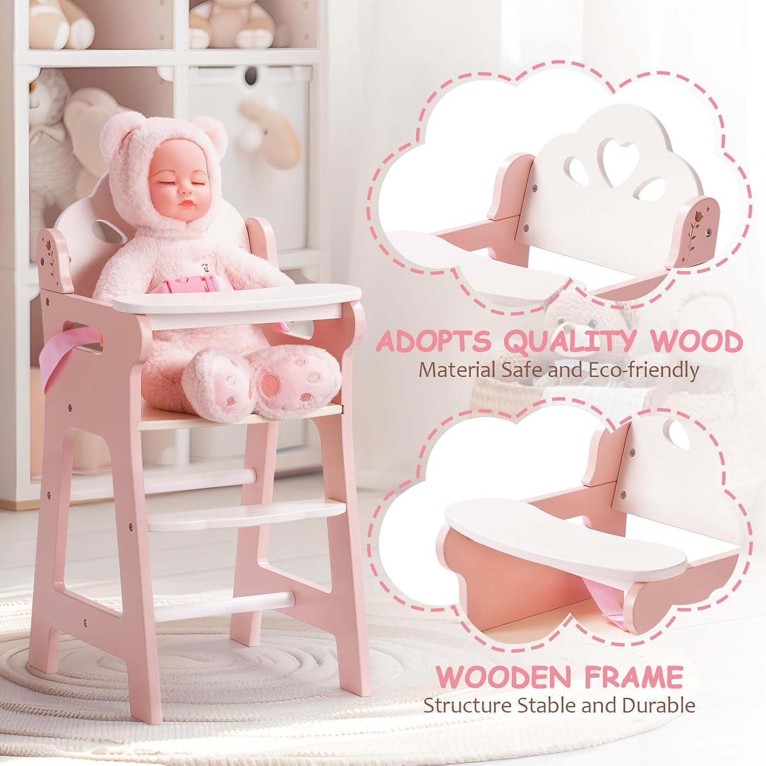 Thumbnail 6 de ROBOTIME Baby Puppen Hochstuhl aus Holz – Rosa, für Puppen bis 18 Zoll