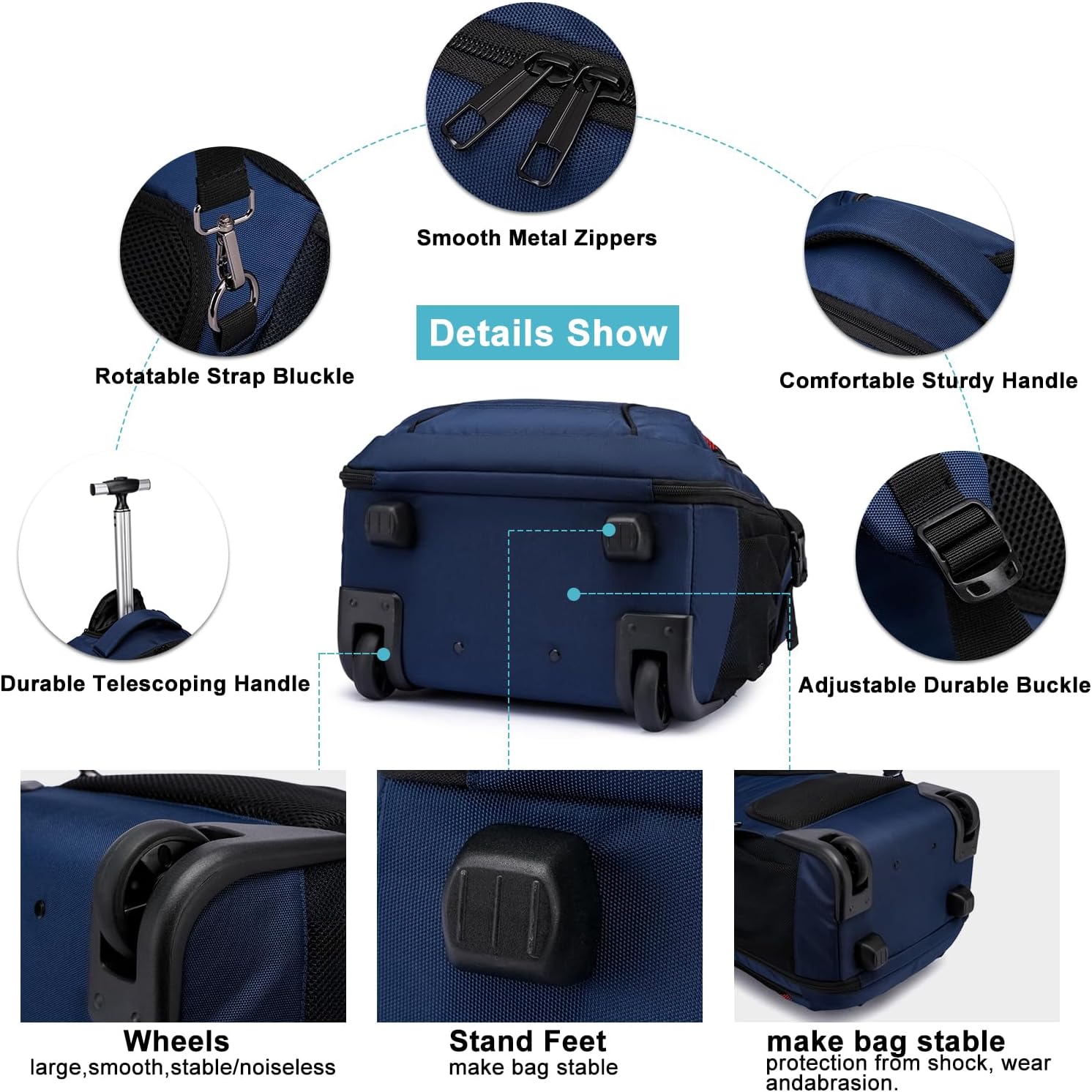Detalle de Travel Backpack with Wheels for Men and Women — 17.3in Laptop, 45L Capacity