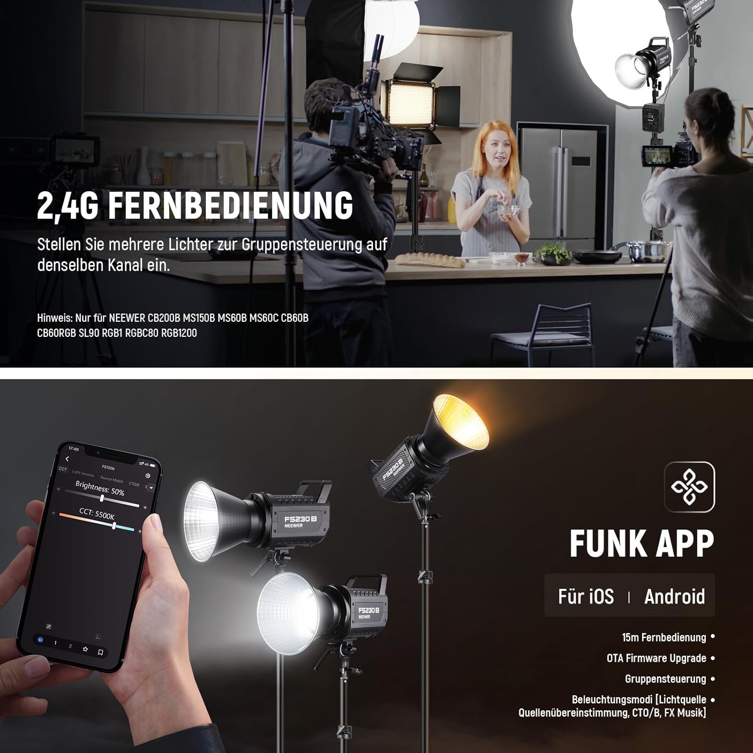 Thumbnail 6 de NEEWER FS230B LED Videoleuchte (230 W) mit 2,4G/APP, Bi-Color 2700–6500 K und Bowens-Halterung
