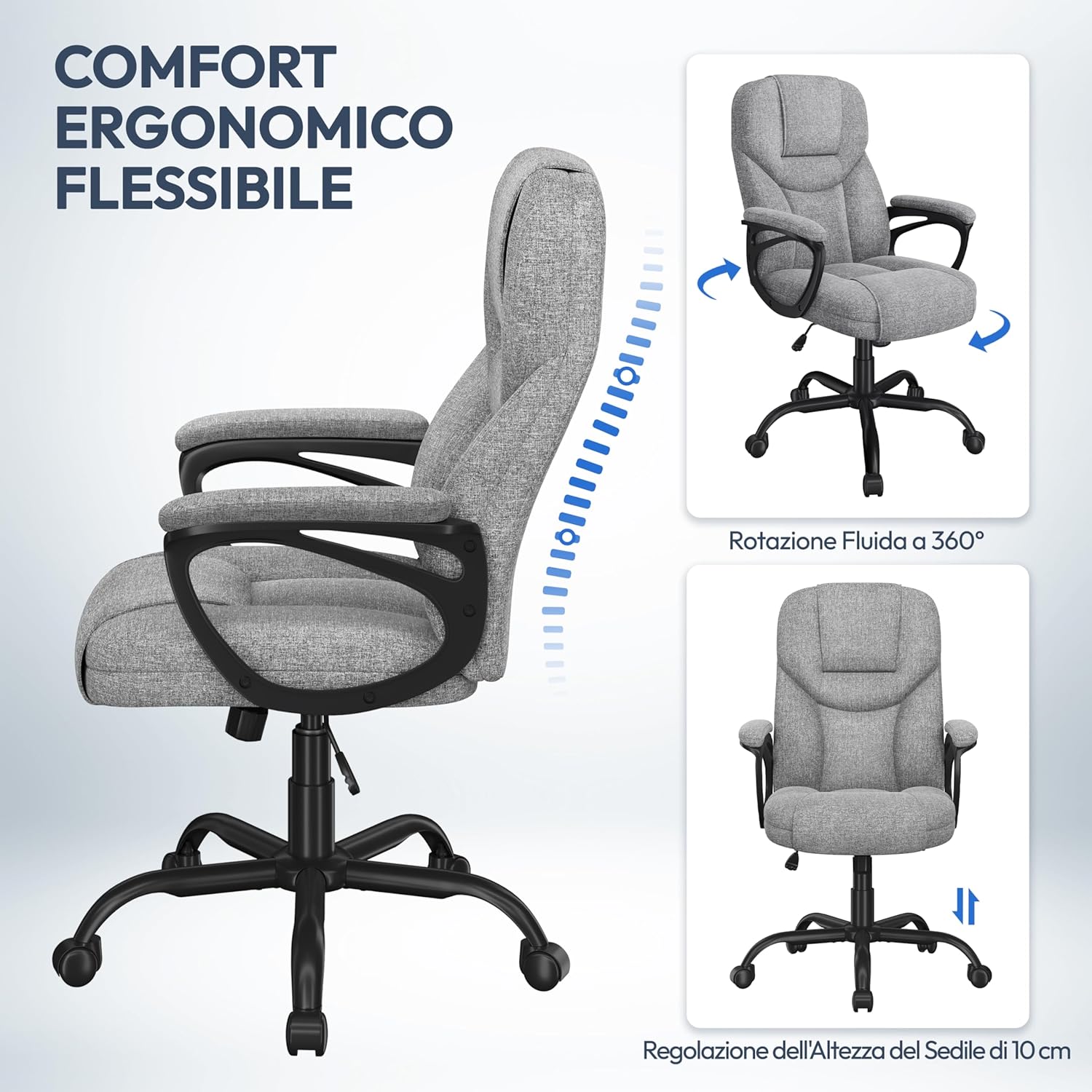 Detalle de Yaheetech Sedia Ufficio Ergonomica con Schienale Alto in Tessuto e Ecopelle Grigio – Rotelle, Altezza Regolabile
