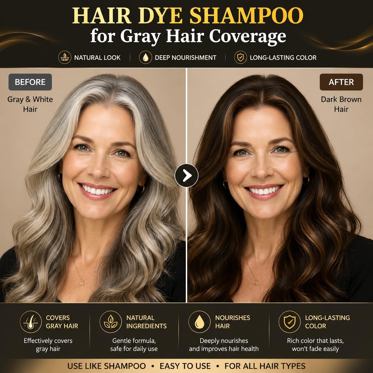 Detalle de Dark Brown Hair Dye Shampoo 3 in 1 – Nero per Capelli Bianchi, 500ML