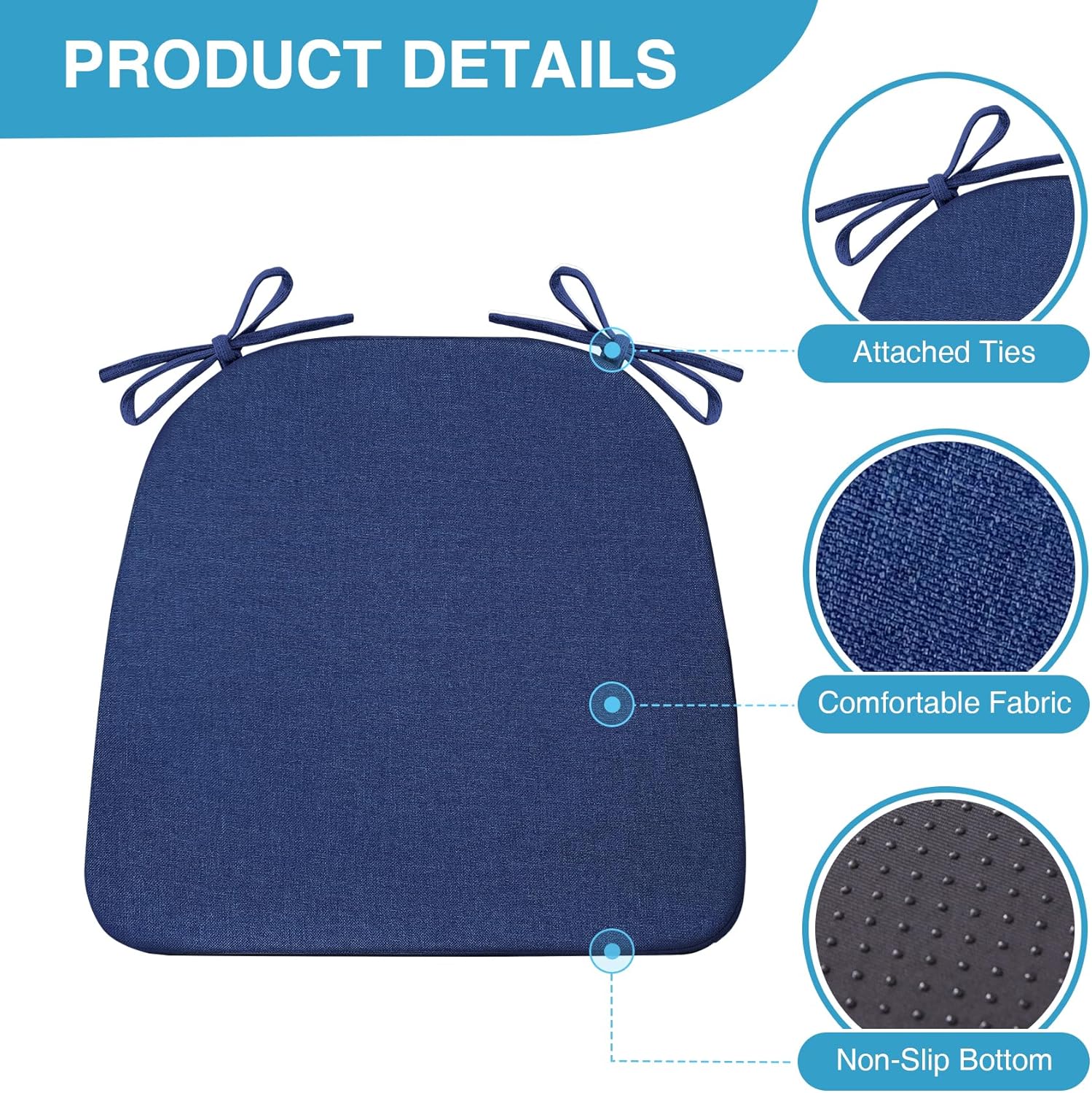 Detalle de IASEAHK Chair Cushions for Dining Chairs (Set of 4) – 17" x 16" x 2" Navy Blue, Non-Slip with Ties