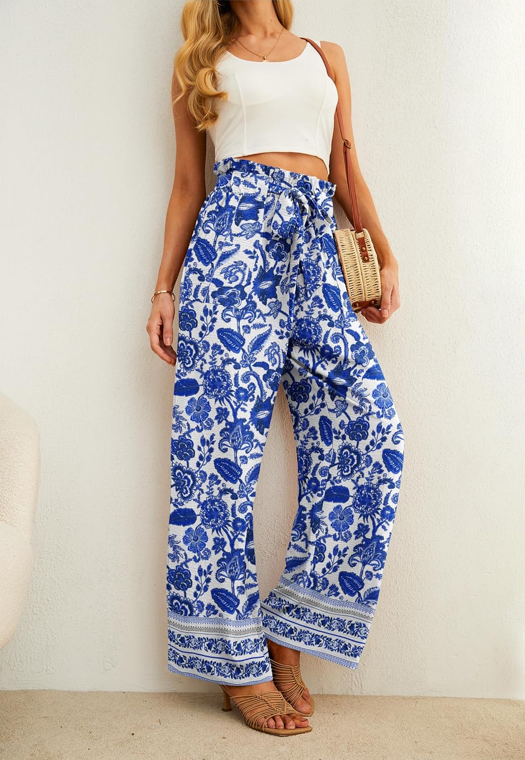 Thumbnail 3 de IWOLLENCE Women High Waist Palazzo Pants with Adjustable Knot – Wide Leg, Pockets, Beach to Office