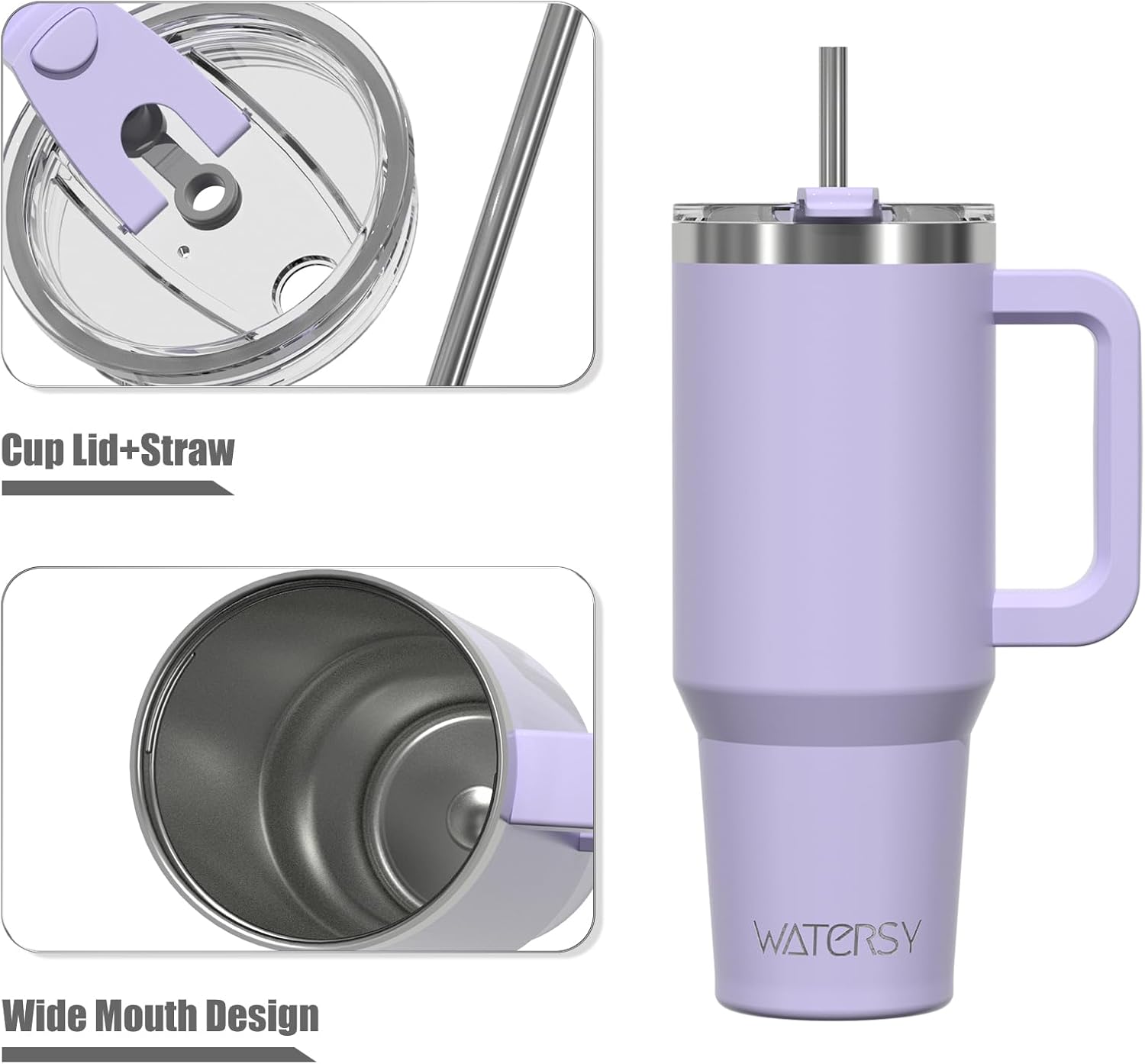 Detalle de WATERSY 20oz Thermobecher to Go mit doppelwandigem Edelstahl, Griff & Strohhalm – lila