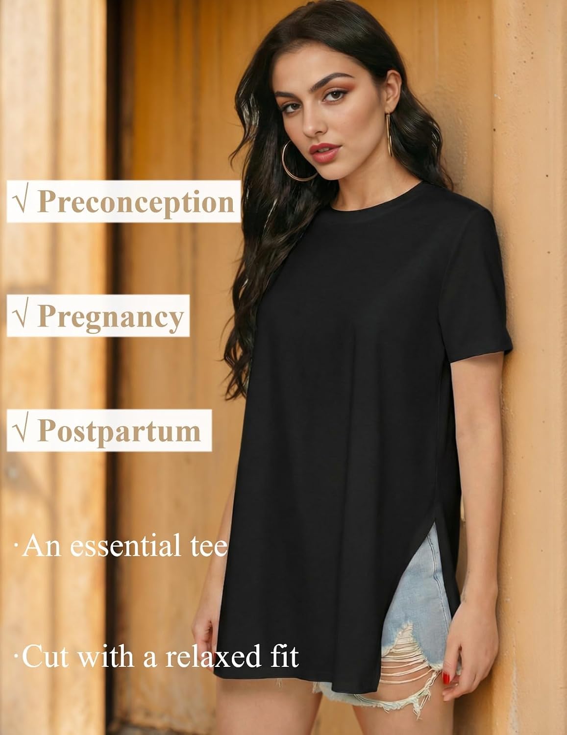 Detalle 2 de Ekouaer 3 Pack Women’s Oversize Maternity T-Shirts – Basic Short Sleeve Tops with Side Slits