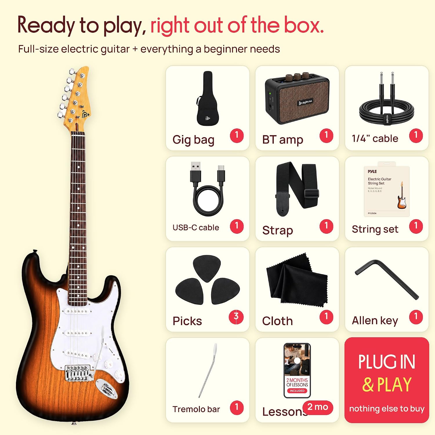 Detalle 2 de Pyle PEGKT400NB Full-Size Electric Guitar Kit, 5W Amp, Natural Burst