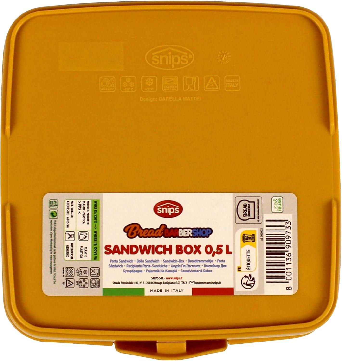 Detalle de Snips Porta Sandwich Decoro Barbiere Pasticcere – Portapranzo 14,5 × 14,5 × 5,5 cm, Made in Italy