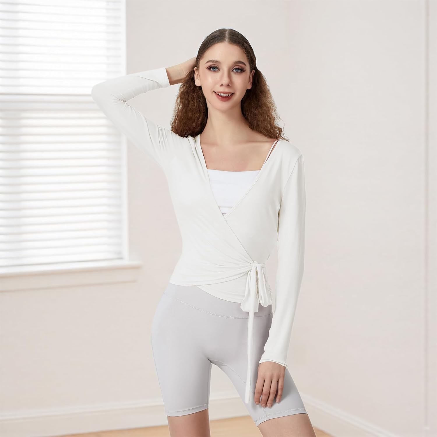 Thumbnail 4 de Women Ballet Wrap Top Long Sleeve Self Tie Dance Shirt Pilates Yoga Tops Y2k Workout Active Blouses