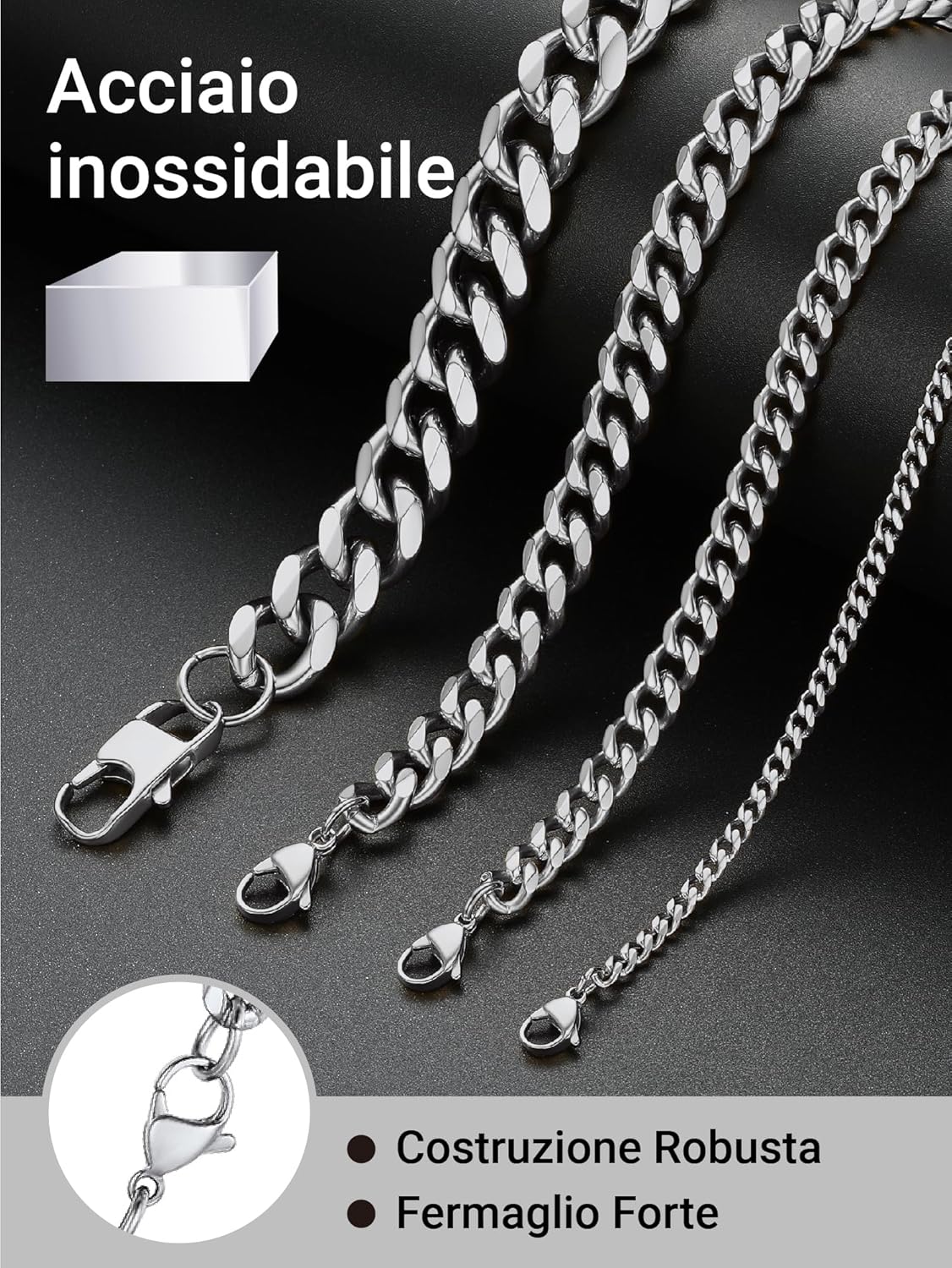 Thumbnail 5 de PROSTEEL Collana a catena cubana da uomo e donna in acciaio 316L e placcato oro, spessori 3–12 mm e lunghezze fino a 75 cm (con confezione)