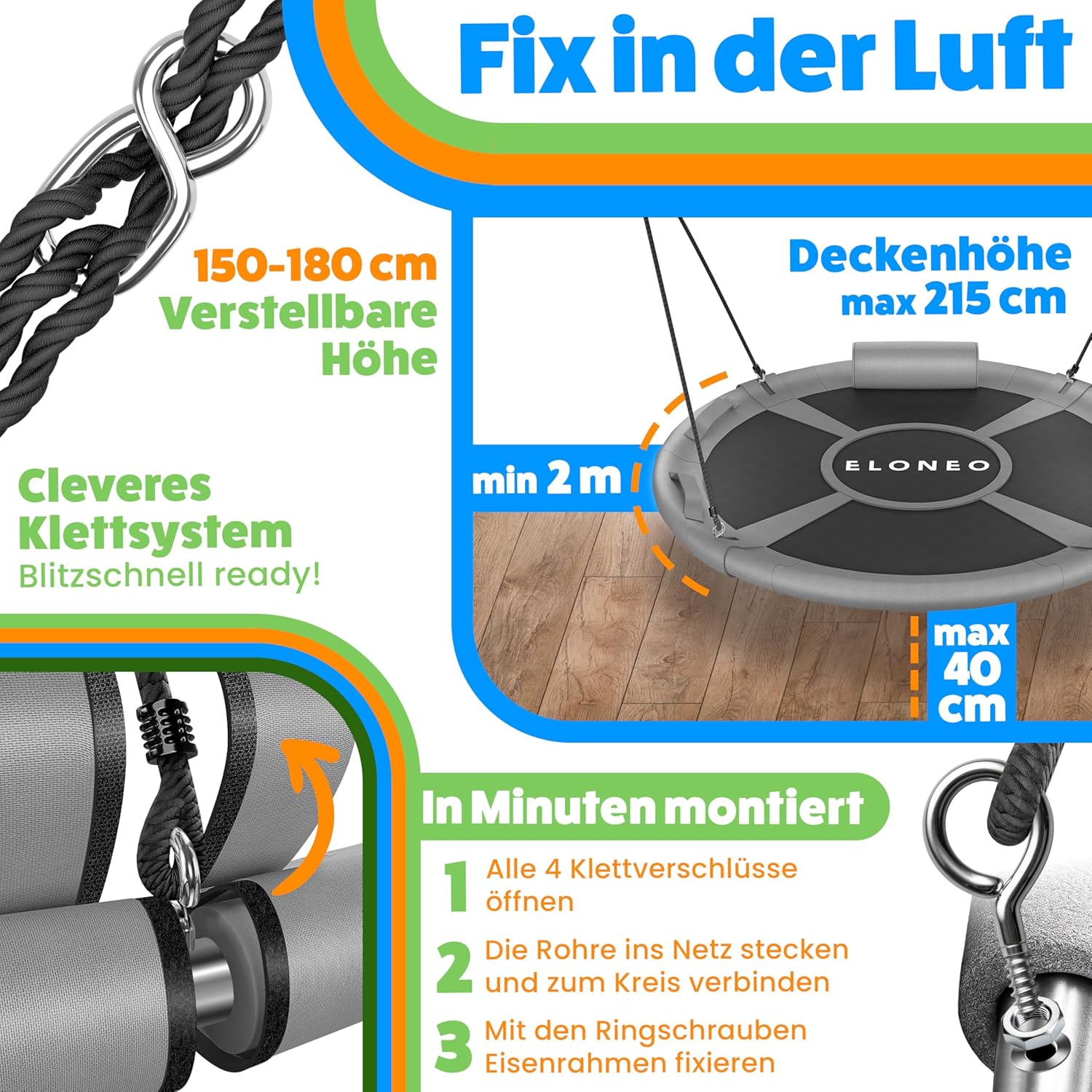 Thumbnail 6 de ELONEO Balançoire nid 90 cm – balançoire ronde à usage intérieur/extérieur, capacité jusqu’à 300 kg, coussin et kit d’accessoires