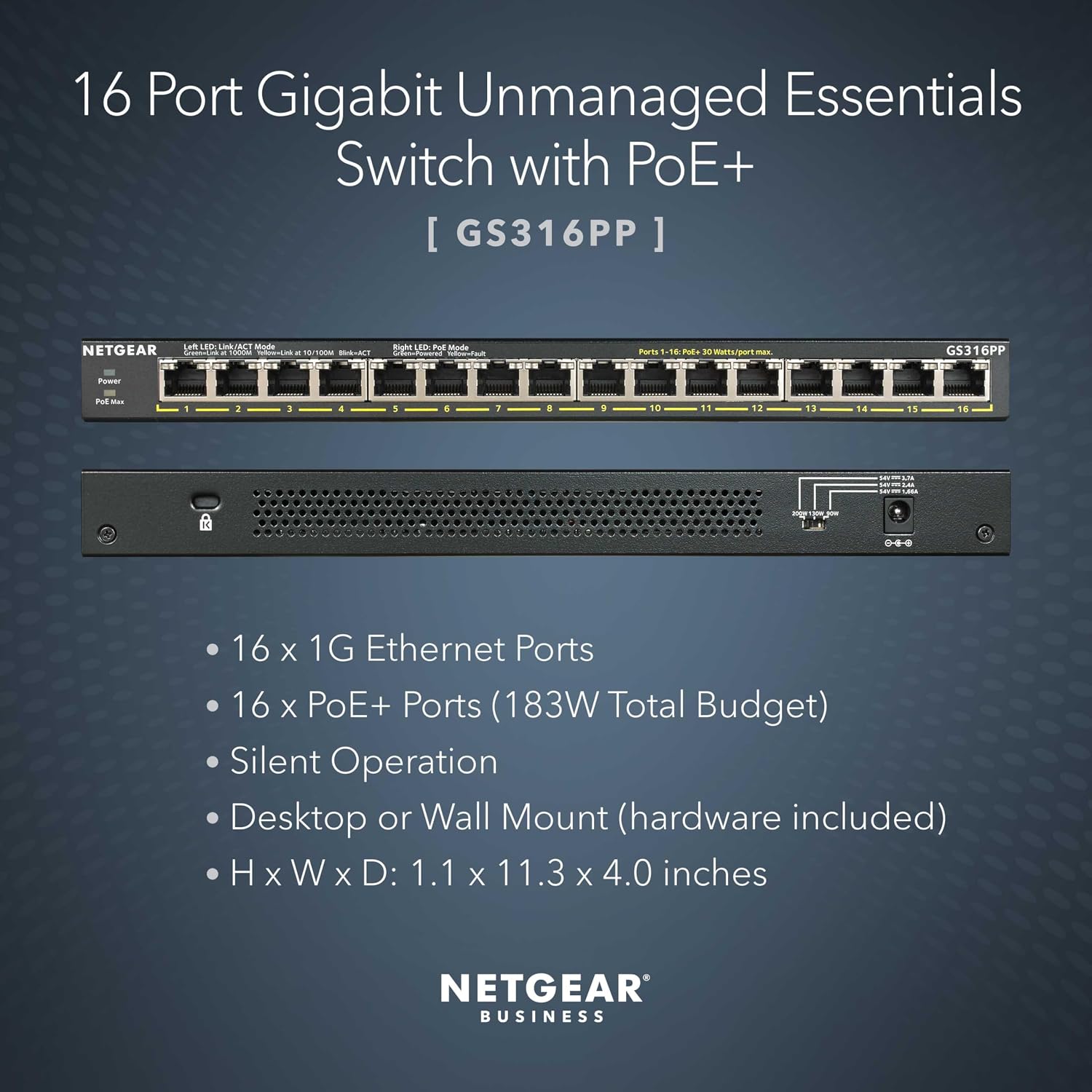 Detalle de NETGEAR GS316PP 16-Port Gigabit PoE+ Unmanaged Switch, 183W, Fanless