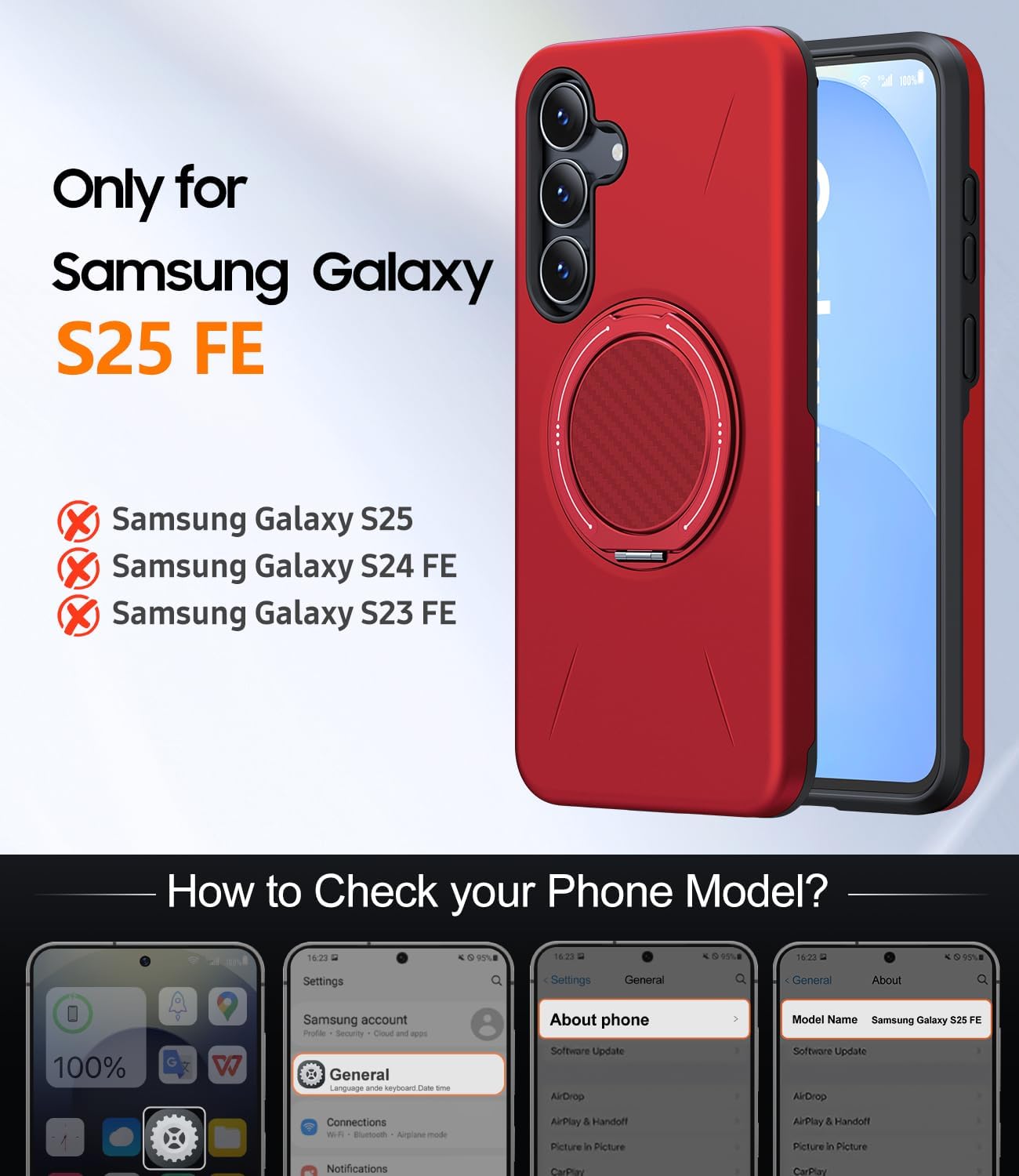 Thumbnail 6 de JAME Galaxy S25 FE Case with Ring Stand, Dual-Layer Protection, and Screen Protectors (Red)