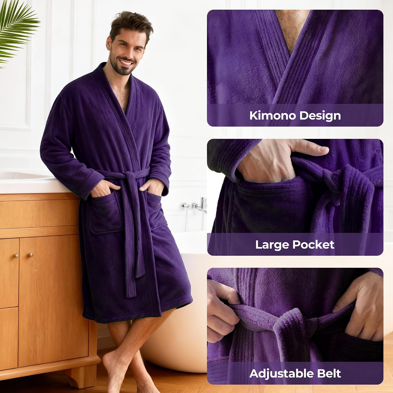 Detalle 2 de PJGGZ Men’s Towel Robe, Soft Quick-Dry Kimono Bathrobe