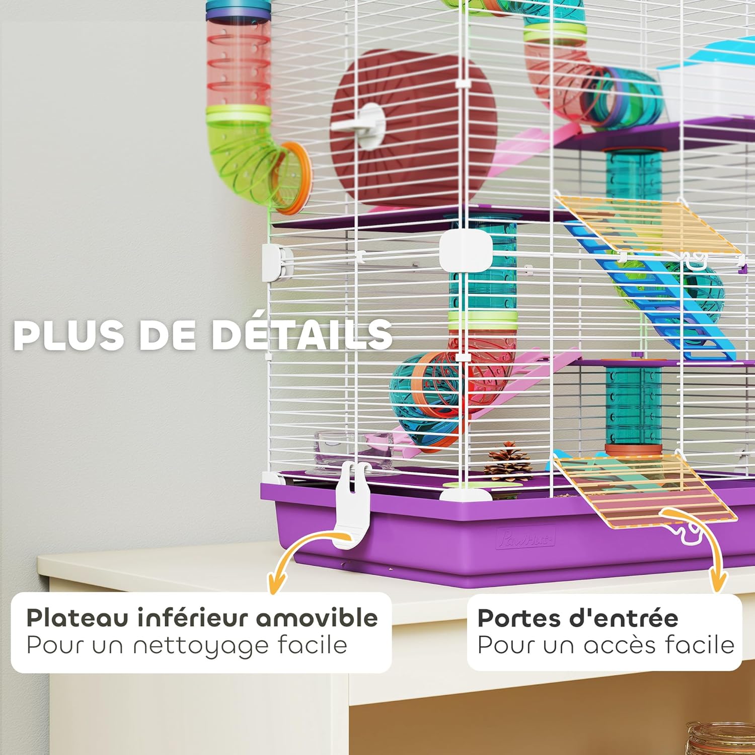 Detalle de PawHut – Cage pour hamster rongeur 4 étages avec tunnels, mangeoire, roue et échelles (46L x 30 x 58H cm)