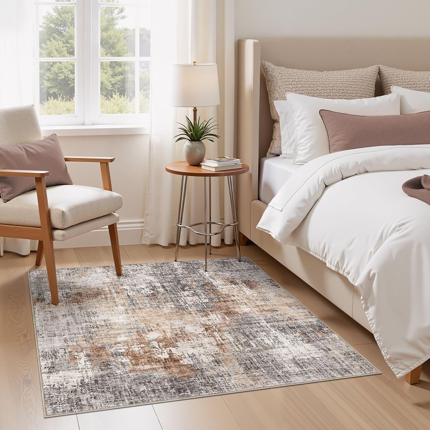 Thumbnail 1 de DMOYEST 5x5 Square Low Pile Area Rug (Washable, Non-Slip Backing) in Grey/Brown Neutral Abstract