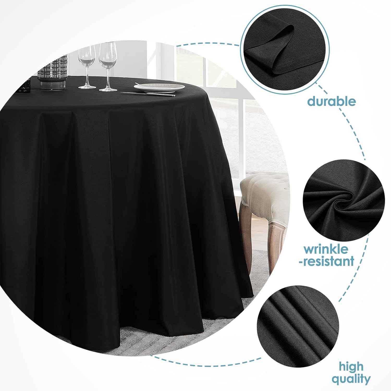 Thumbnail 2 de VidaFete 2 Pack 120-Inch Round Polyester Tablecloths (Black) for Indoor & Outdoor Dining