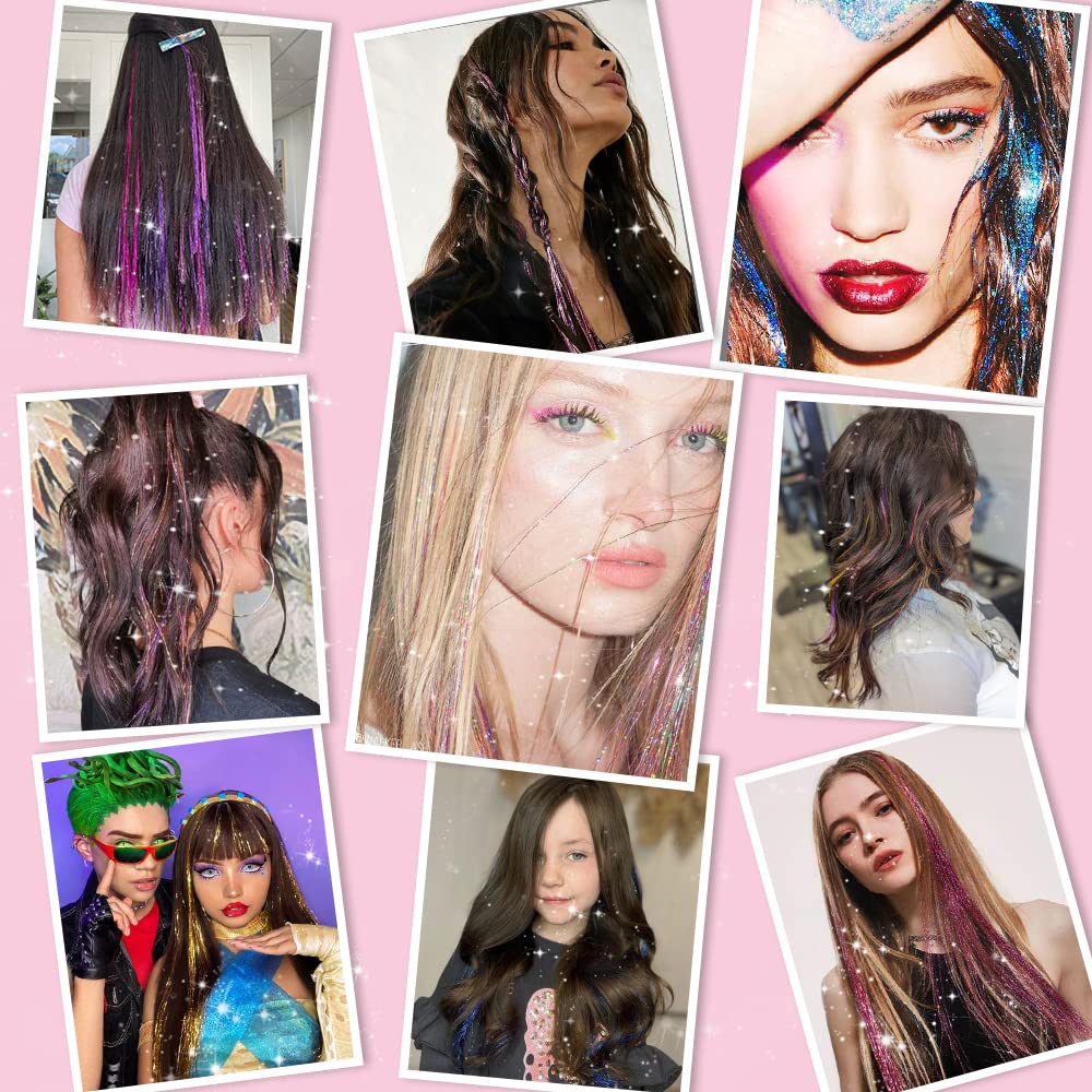 Detalle 2 de Hair Tinsel Pack of 12 Clip-In Glitter Extensions (20 Inch) — Colorful Party Hair Accessories for Women & Girls