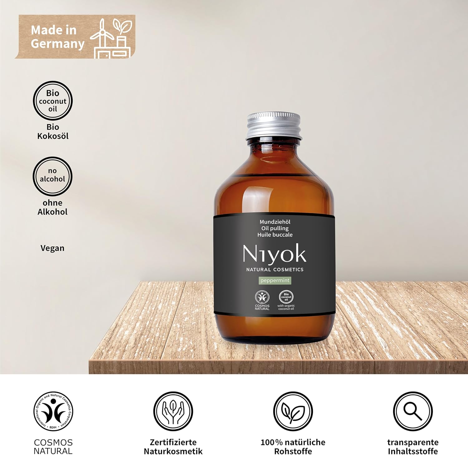 Detalle de Niyok Mundziehöl Pfefferminze – Bio Kokosöl (200 ml) für Ölziehen