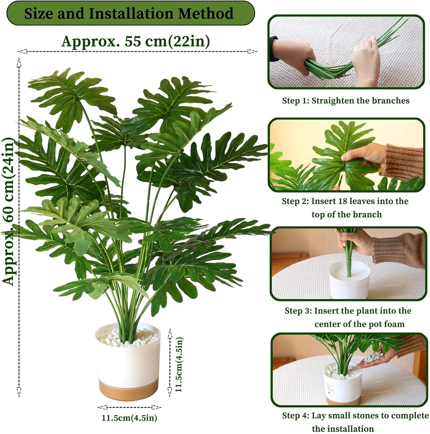 Thumbnail 5 de YXYQR Realistic 60cm Potted Artificial Philodendron Selloum (with pot) for indoor or outdoor decor