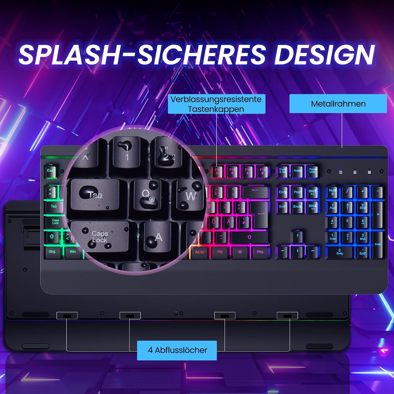 Detalle 2 de RisoPhy Gaming Tastatur, QWERTZ, Vollmetallgehäuse – beleuchtet, leise, mit Handballenauflage