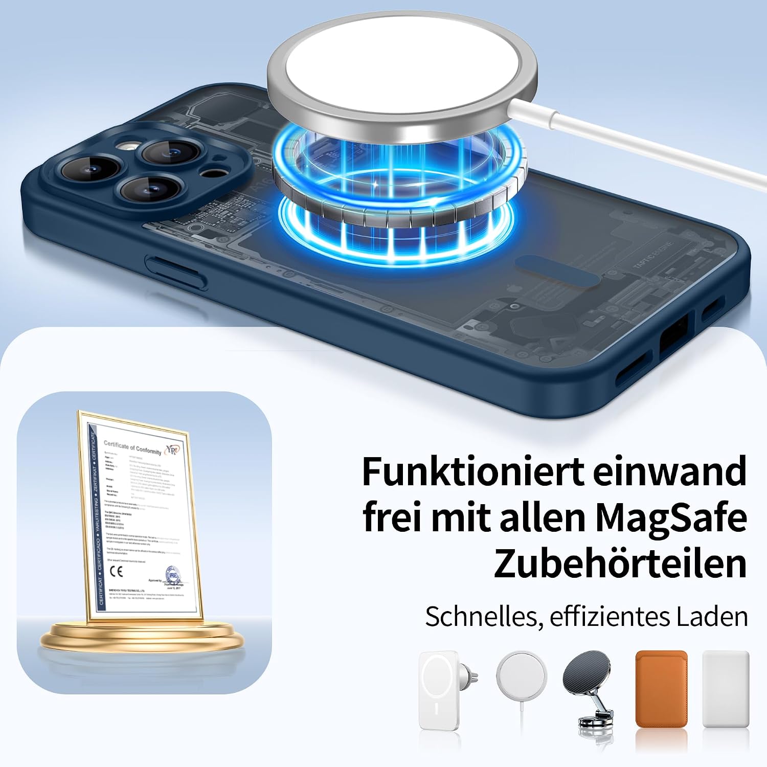 Detalle de Jshru Hülle für iPhone 14 Pro Max mit 2 Panzer Glas-Schutzfolien – MagSafe kompatibel, matt-transluzent, blau