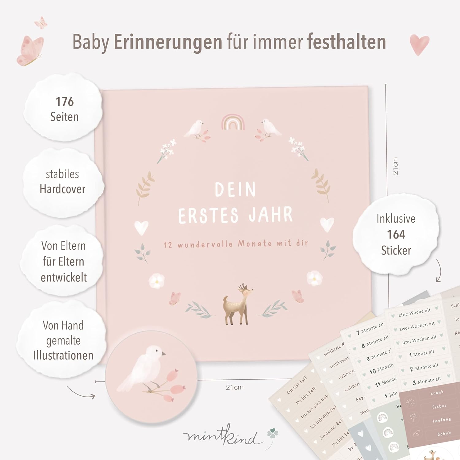 Thumbnail 1 de mintkind® Mein erstes Jahr Babyalbum Blumen rosa – zartes Babytagebuch mit 176 Seiten & Sticker-Set (Hardcover, 21 x 21 cm)