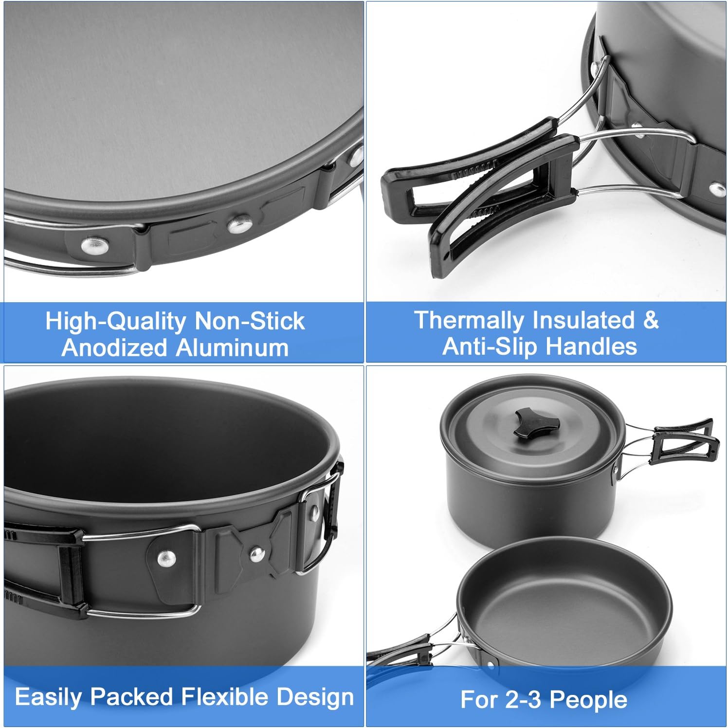 Detalle 2 de Odoland Geschirr-Set für 1–2 Personen – 10-teiliges Kochset fürs Camping (faltbare Griffe, Aluminium, Tragetasche)