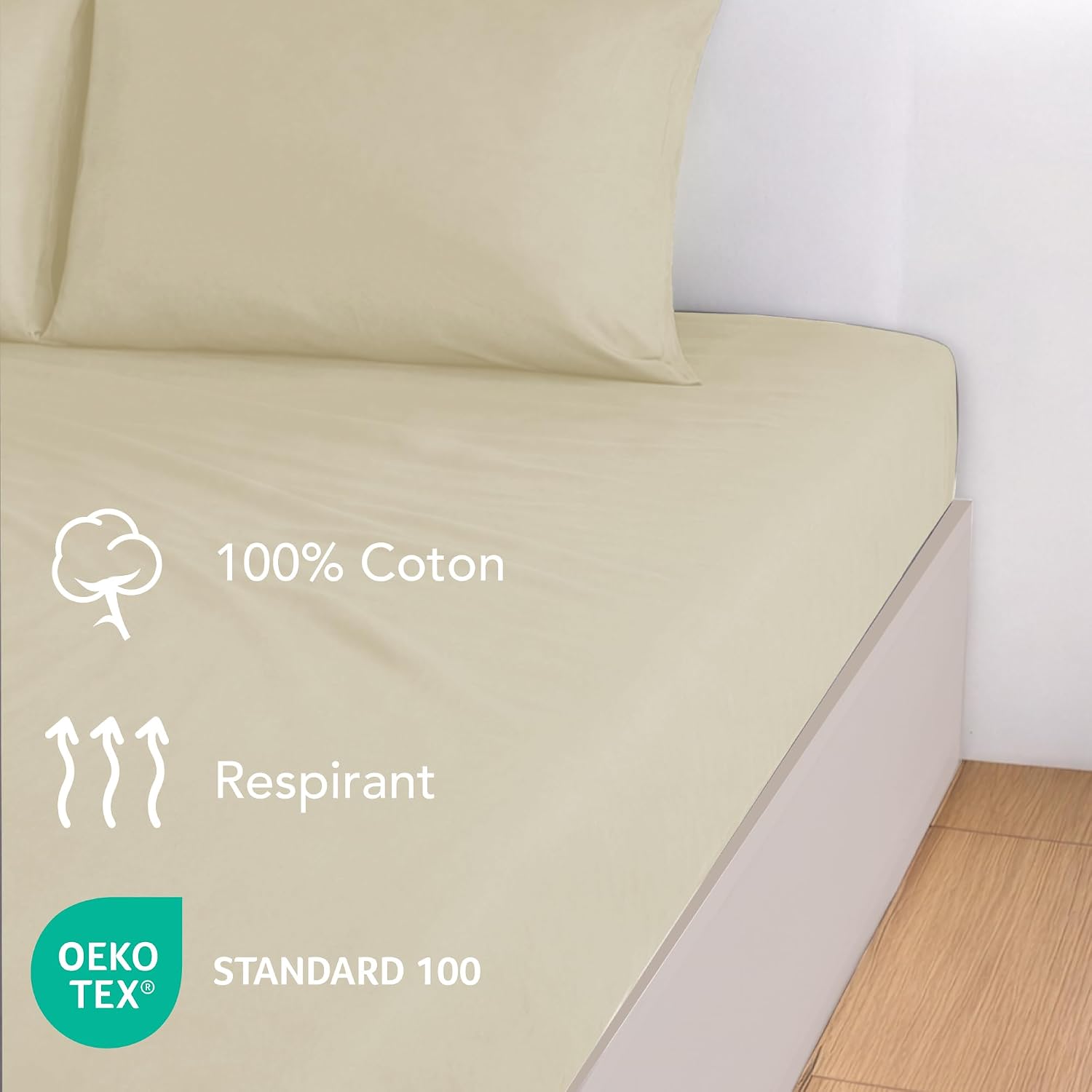 Detalle de Dreamzie Drap Housse 80x190/200 Coton – Jersey extensible, bonnet 15 cm, Oeko-Tex, hypoallergénique, beige