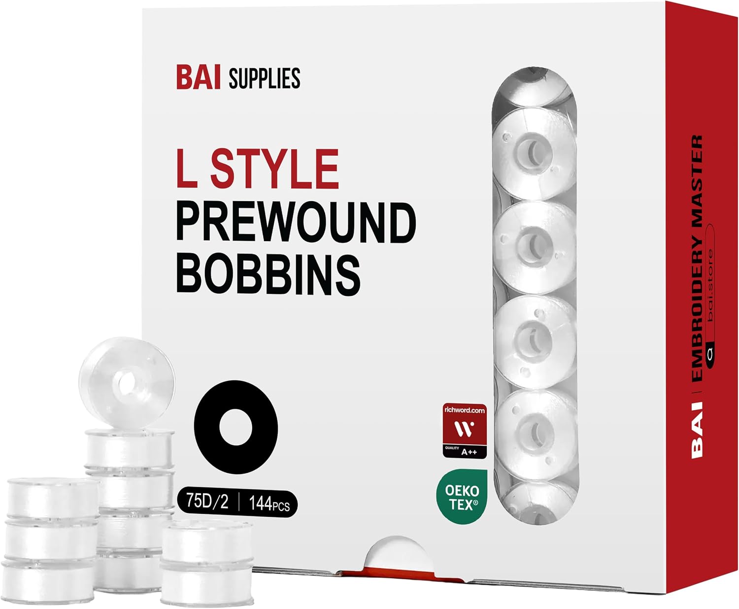 Detalle de BAI BAWB0101L02W Type L Prewound Embroidery Bobbins, 75D/2 White