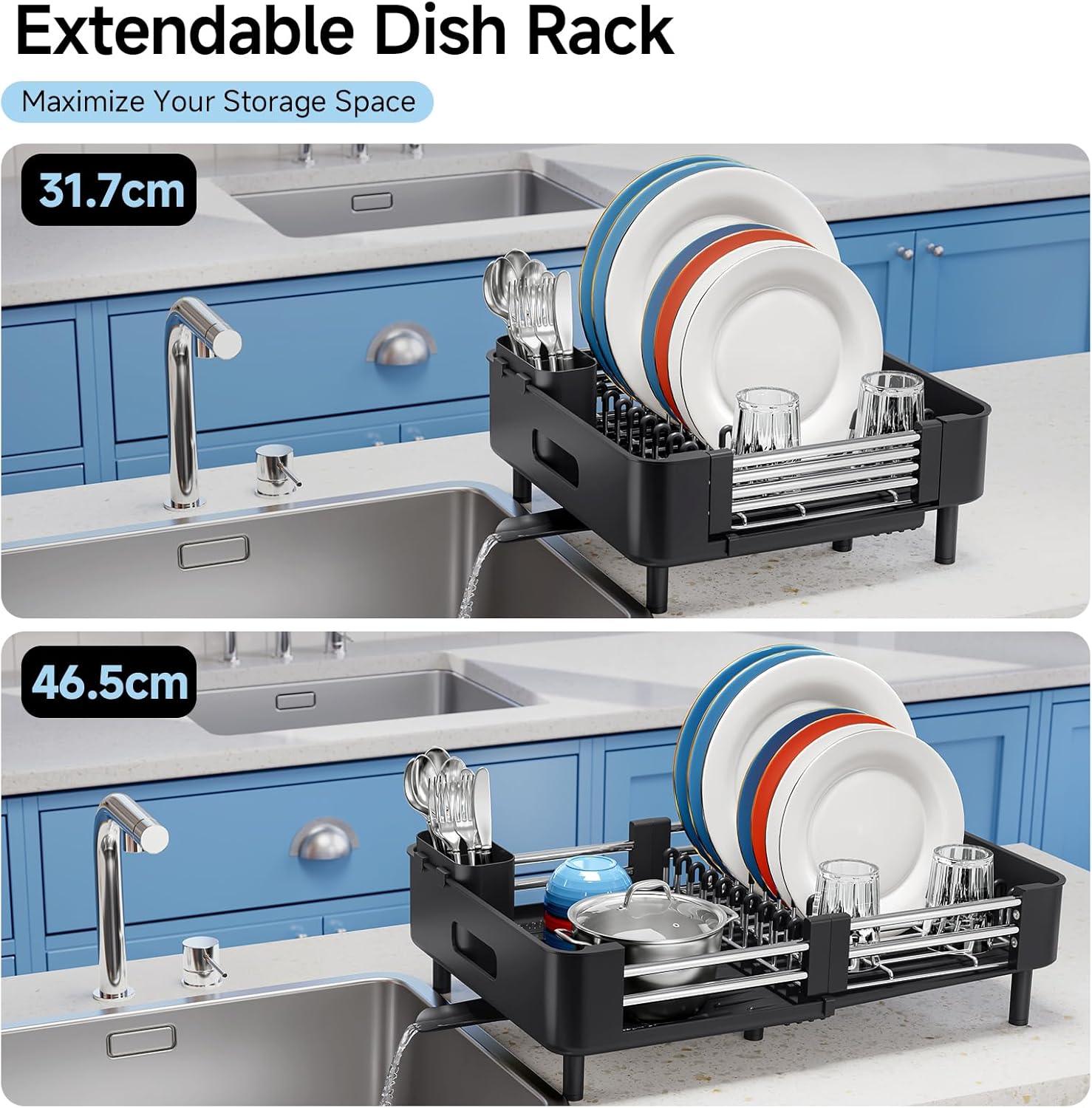 Detalle 2 de KINGRACK extendable dish drainer rack with removable cutlery holder (stainless steel, black)