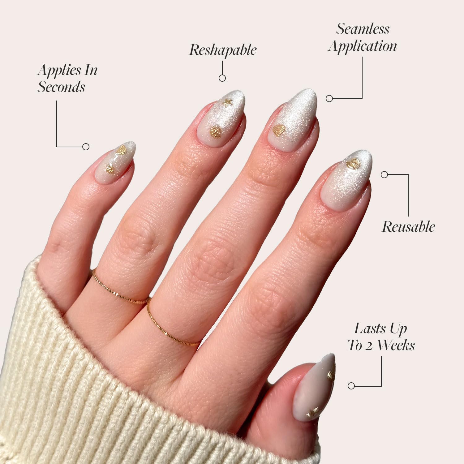 Thumbnail 2 de Glamnetic Press On Nails - Sanded, Short Almond Nude with Raised Gold Seashell Accents