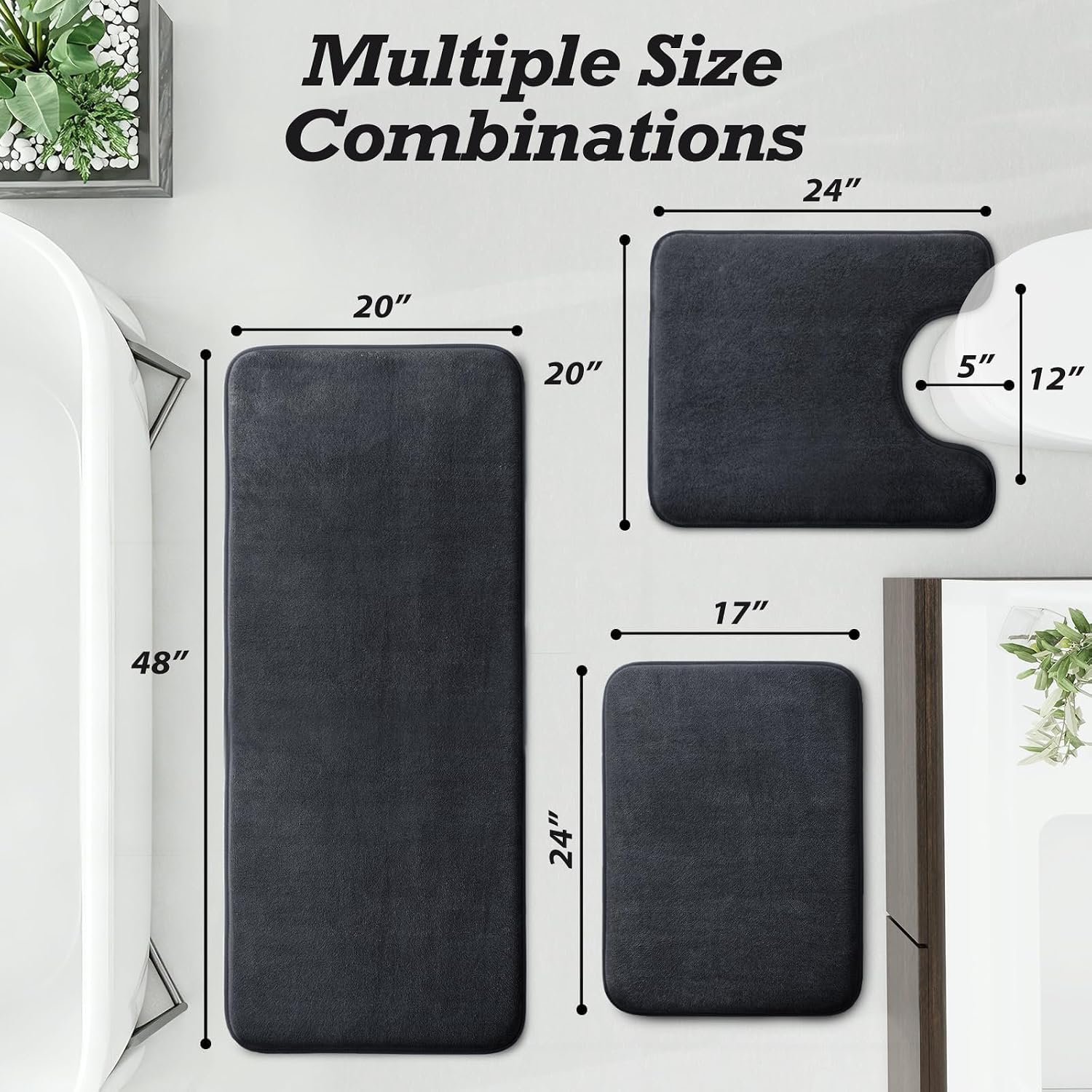 Detalle de HUXMEYSON 3-Piece Bathroom Rug Set, Dark Gray, Memory Foam, Non-Slip Backing
