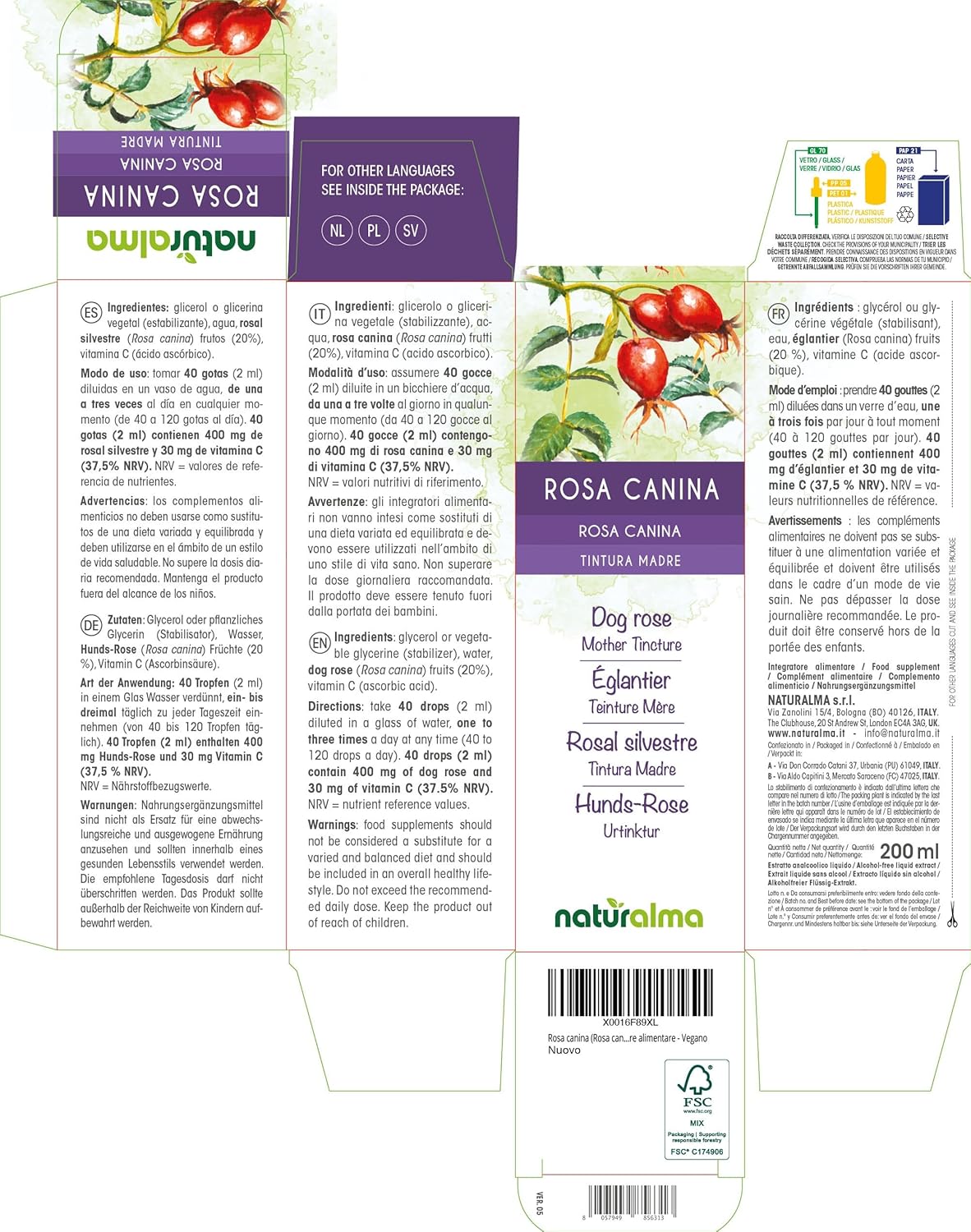 Detalle de Rosa canina Tintura Madre analcoolica in gocce 200 ml di Naturalma: integratore vegetale con Vitamina C