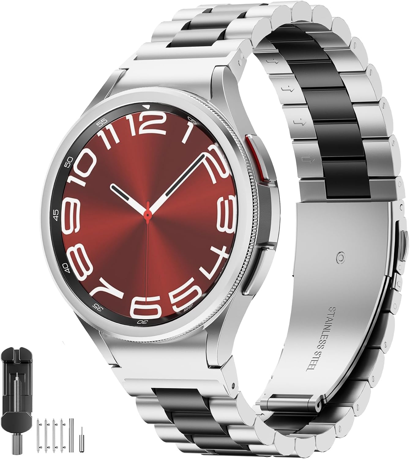 Detalle de SUNDAREE Stainless Steel Band for Samsung Galaxy Watch 4–6 (47mm/44mm/42mm) – No Gap, Black+Silver