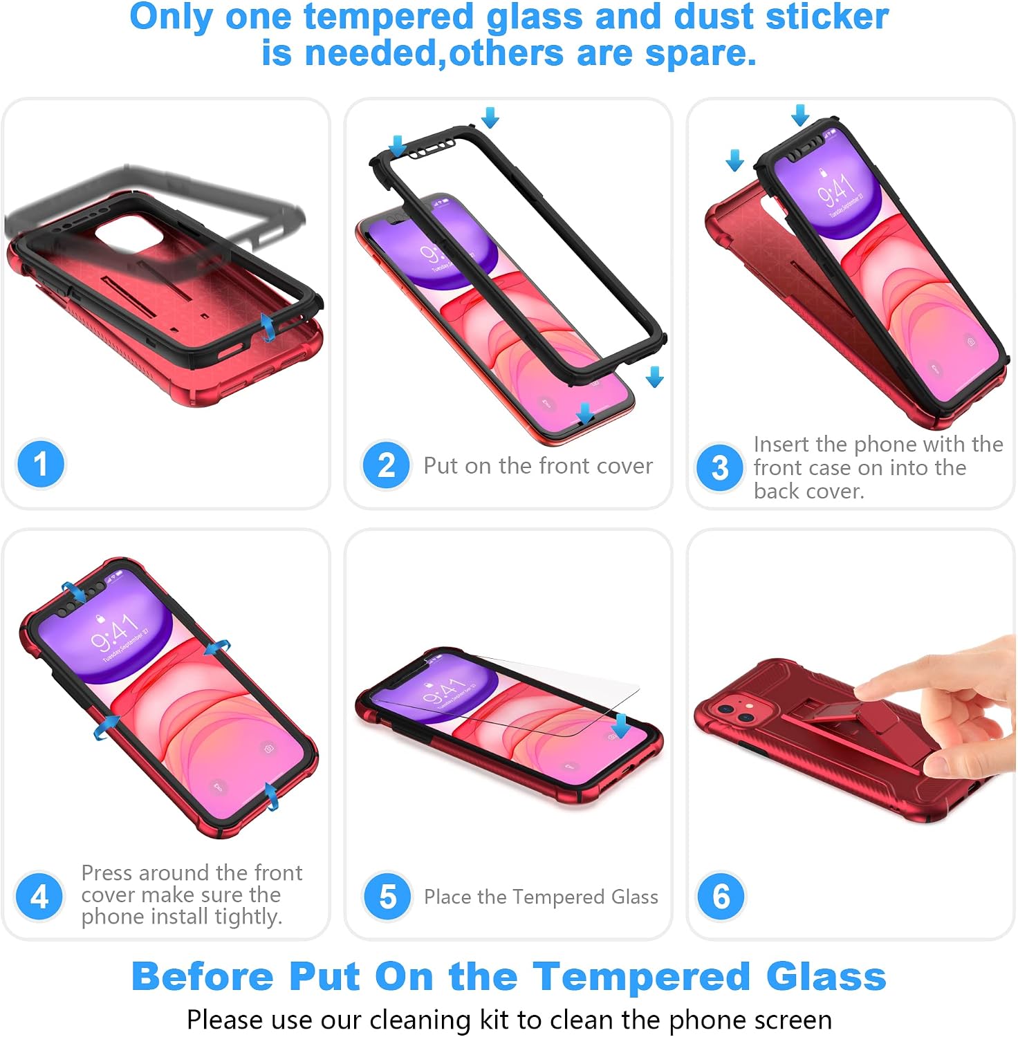 Thumbnail 6 de ORETECH 5-in-1 Hülle für iPhone XR (6,1") mit 2 Schutzfolien, Ständer und Vollschutz – Rot