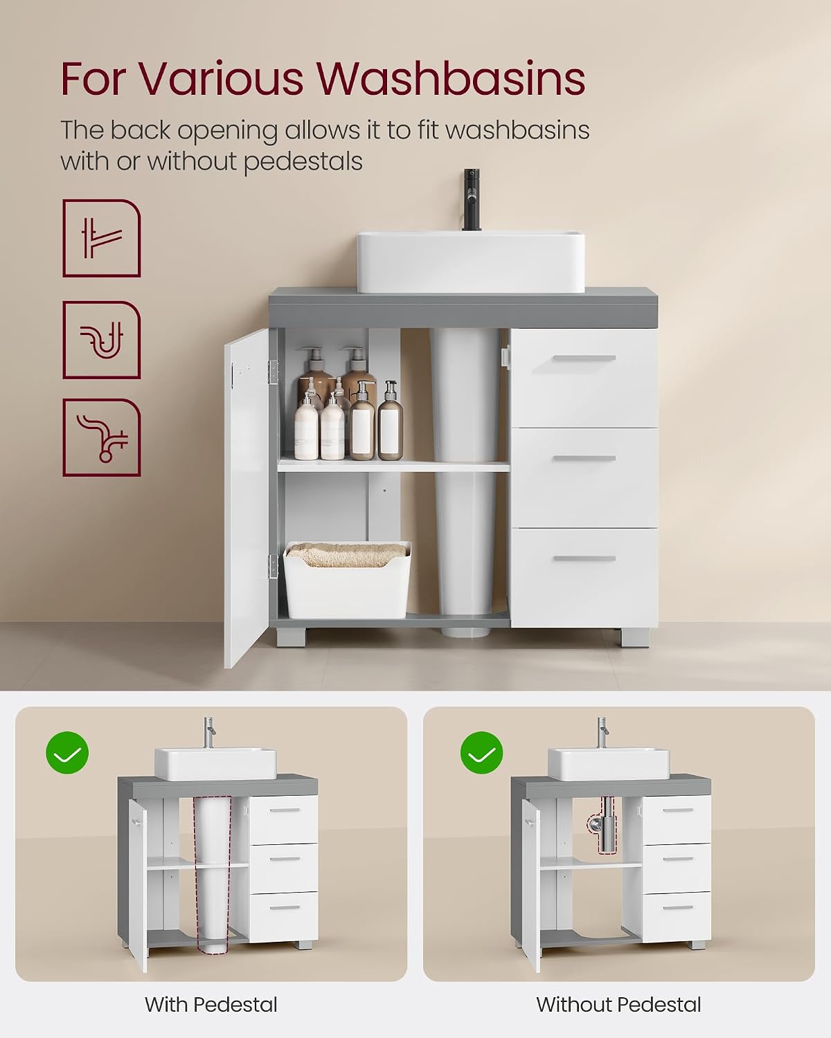Thumbnail 3 de VASAGLE Under Sink Bathroom Cabinet BBK504W02 — 3 Drawers, 2 Compartments, Cloud White and Dove Grey