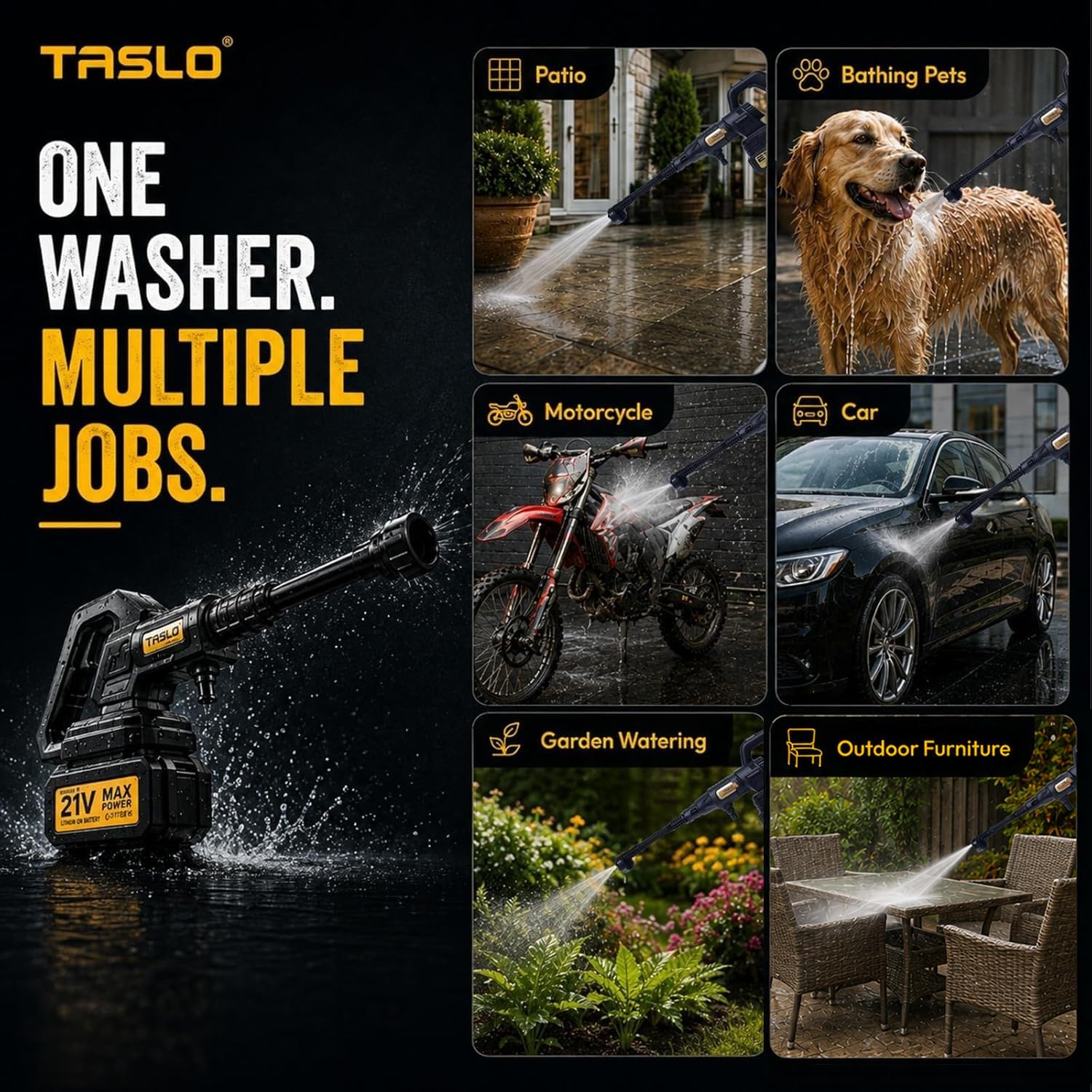 Detalle de Taslo Cordless Pressure Washer with Brushless Motor and 6-in-1 Nozzle