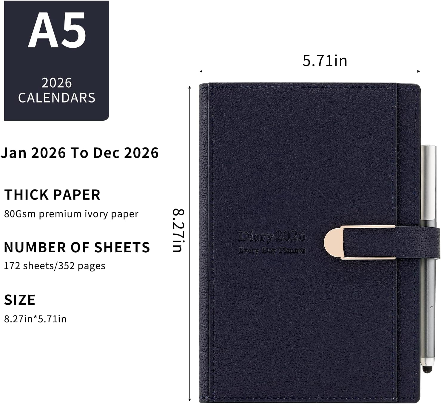 Thumbnail 3 de Mljtoyo Diary 2026 Day-to-Page A5: Jan–Dec 2026 Daily Planner with Hardcover, Stickers & Premium Paper