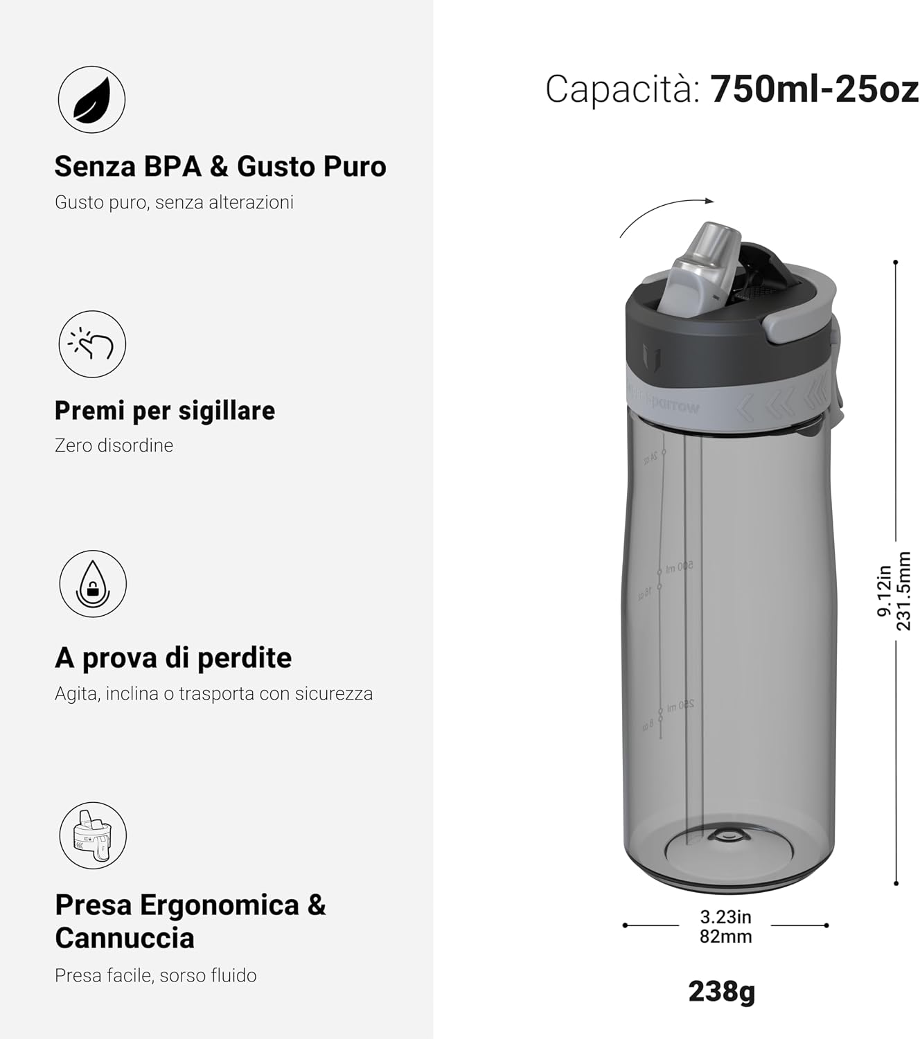 Detalle de Sparrow Borraccia 500ml | 750ml | 1L – TouchFlow, senza BPA, anti-derrame, beccuccio con una mano