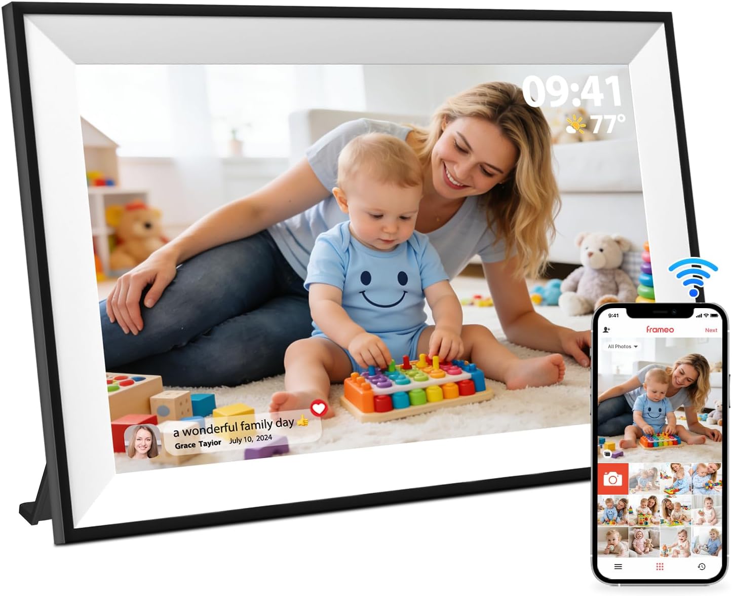 Detalle de Frameo Digitaler Bilderrahmen WLAN 10,1 Zoll – 32 GB, 1280x800 IPS Touchscreen, automatische Drehung, Wandmontage, App-Sharing
