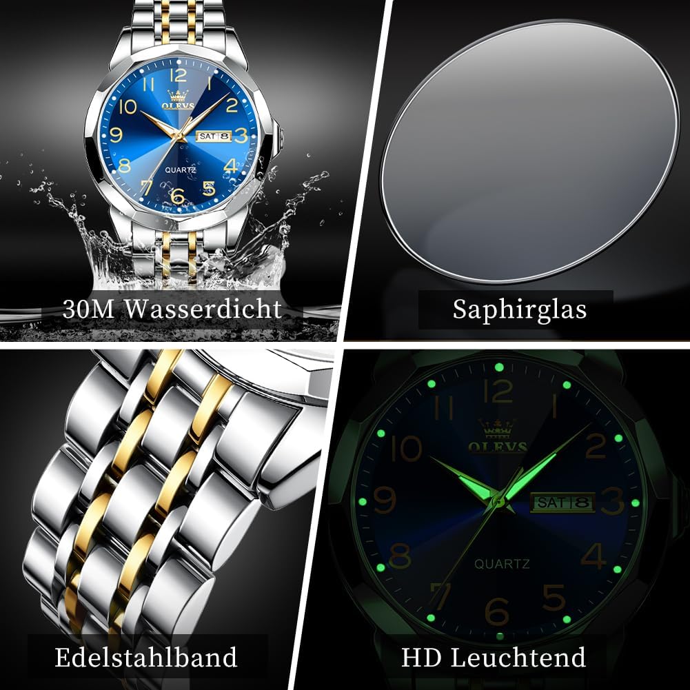 Thumbnail 4 de OLEVS Herrenuhr Business Quarz – Edelstahl, Leuchtend, Datum